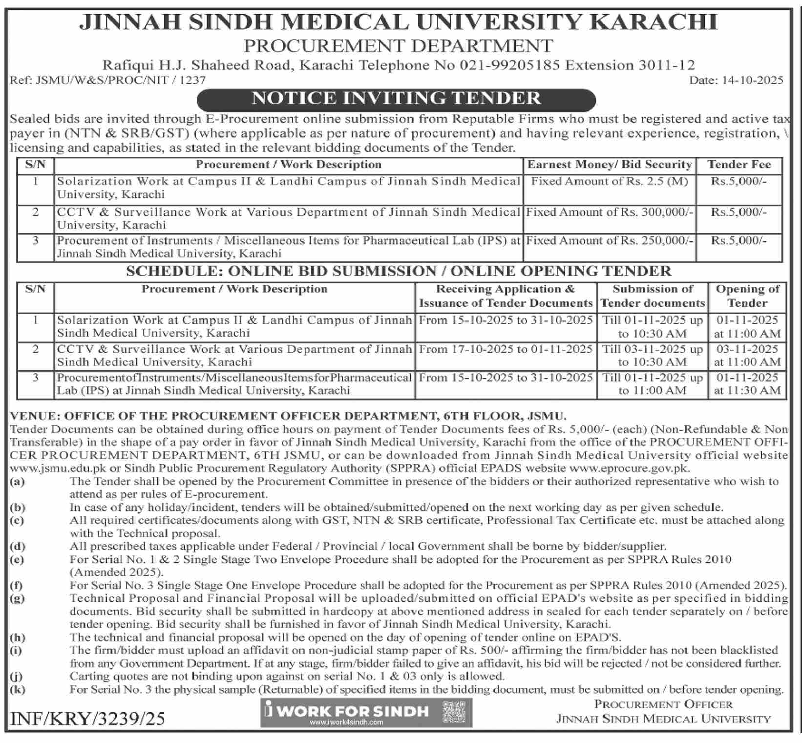 Jinnah Sindh Medical University Karachi Tender Notice
